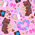 A valentineÃ¢â¬â¢s love pattern of cute bears, hearts, sweets and ceremonial elements and decorations